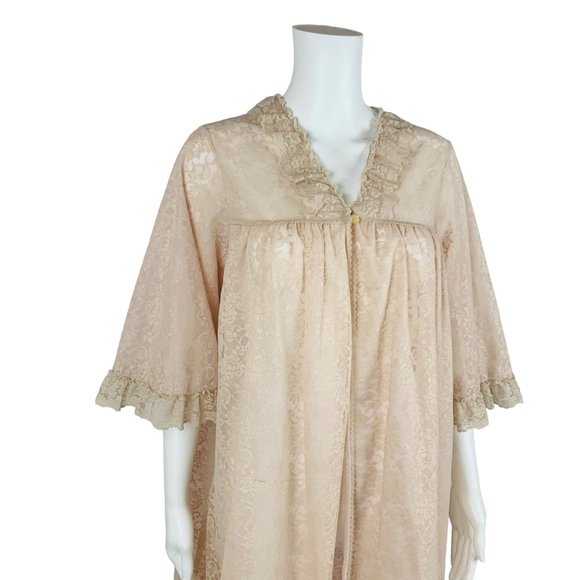 Vintage 60s Lace Robe Beige Pink Nylon Babydoll Deadstock Lingerie - Picture 4 of 10